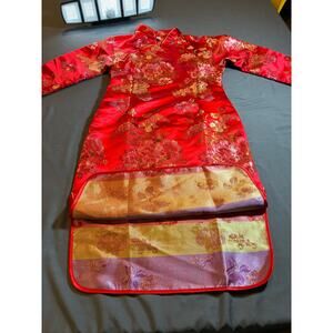 Chinese Cheongsam Qipao Dress Red Floral Satin Brocade Traditional